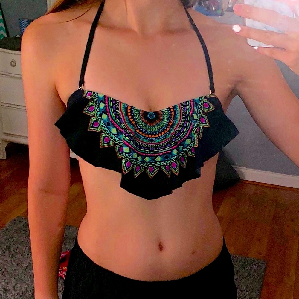Bandeau bikini top (black w/ colorful design)